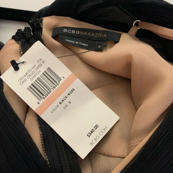 BCBG Black & Nude Pleated Chiffon Criss Cross Midi Dress Size 2 - NWT - Picture 9 of 11